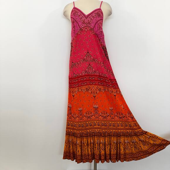 Farm Rio Maxi Dress Pink Orange Sunset Paisley Print Boho Coverup | Small - Picture 2 of 14